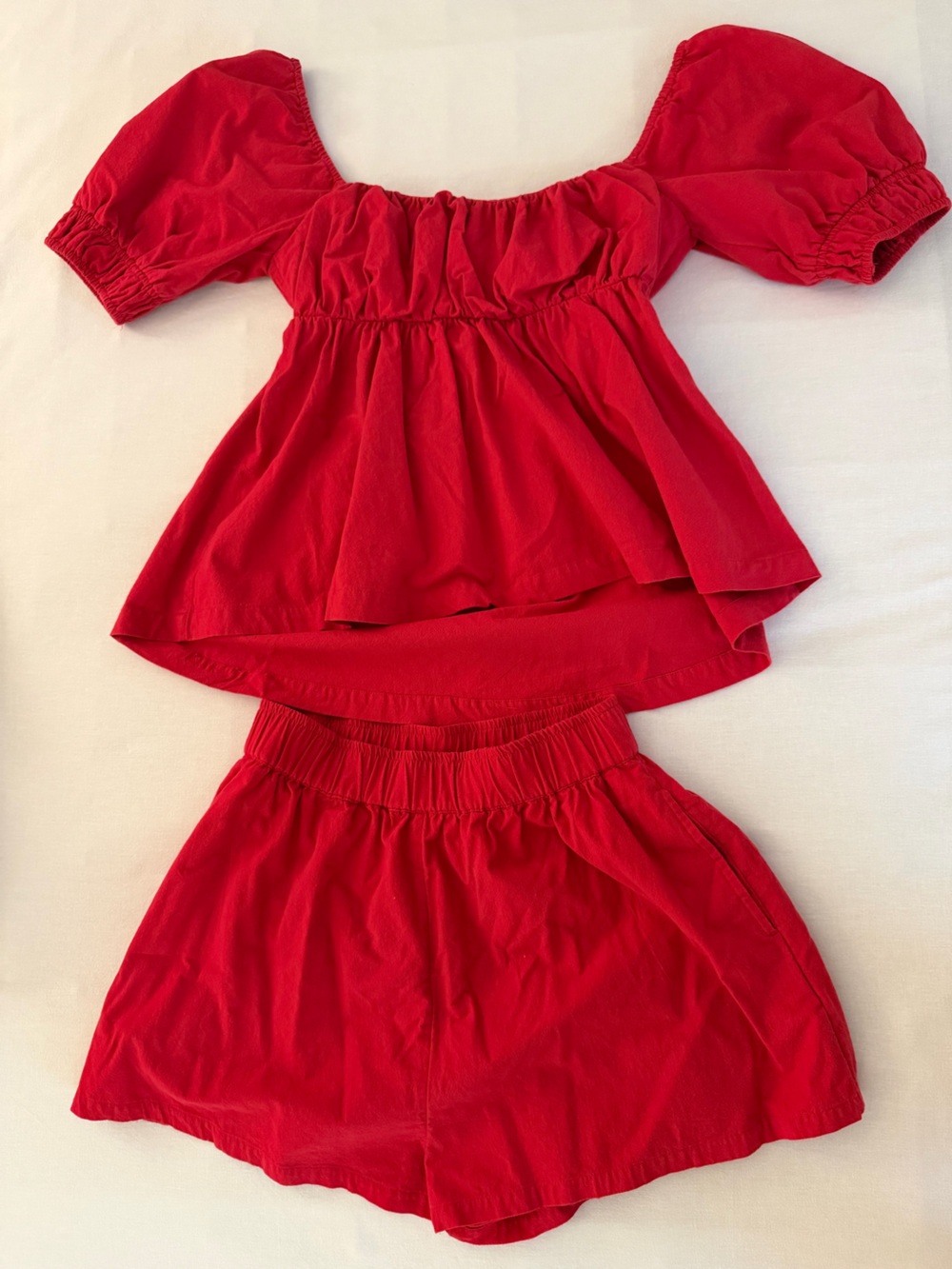 Free People Red Puff Sleeve Top & Elastic Waist Shorts Set